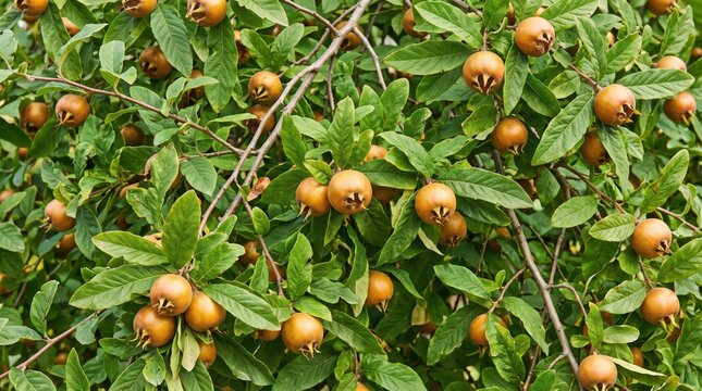 Medlar tree branch with numerous round, brown fruits and green leaves, close-up view of mespilus germanica growing in an orchard during the summer season, natural daylight illumination