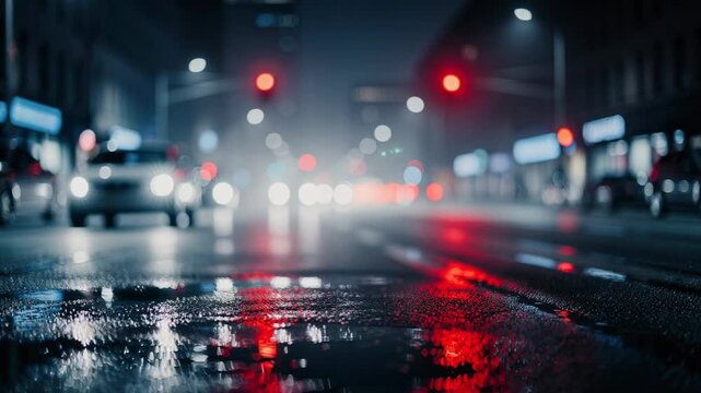 Night city street with wet pavement and colorful traffic light reflections in urban traffic
