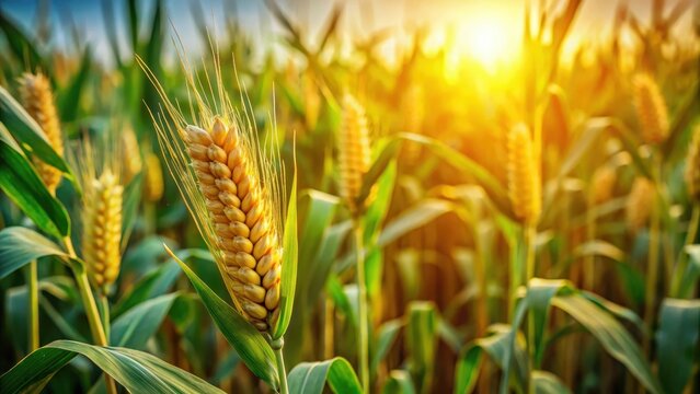 A solitary golden corn ear stands out against a lush backdrop of emerald green stalks swaying gently in the warm sunlight that bathes the entire scene