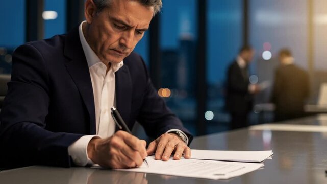 Focused businessman signing important documents in modern office at night with city views