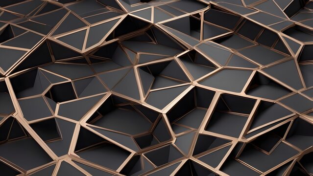 Abstract Dark Geometric Polygonal Background with Metallic Copper-Like Outlines and Textured Surface Design