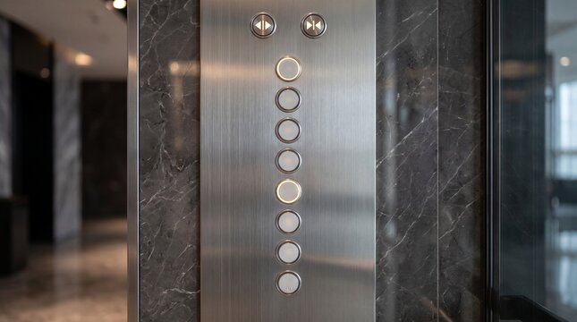 Modern stainless steel elevator control panel with illuminated floor buttons inside luxury hotel building, contemporary architecture, transportation technology, business travel and hospitality interio