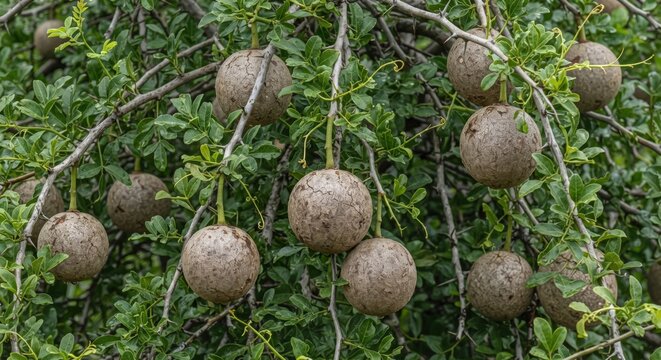 Wood apple fruits hanging from the thorny branches of a limonia acidissima tree, featuring round, textured, light brown shells amidst dense green foliage in a natural outdoor setting