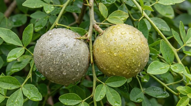Two round, textured bael fruits hanging on a thorny tree branch, covered in fresh morning dew drops amidst vibrant green trifoliate leaves in a natural outdoor setting