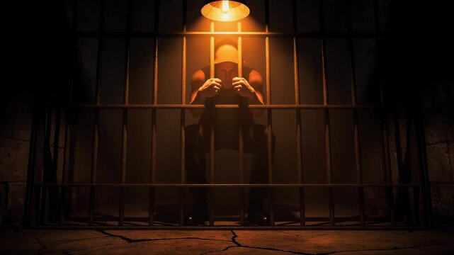 Man sitting behind prison bars in dark jail cell illuminated by overhead light