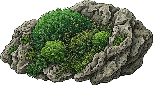 Moss covered stone with lush green plants on white background