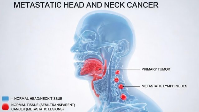 Pale white background semi-transparent blue human head and neck skeleton 3D anatomical render of Metastatic Head and Neck Cancer, primary oral tumor and metastatic cervical lymph node lesions labeled 
