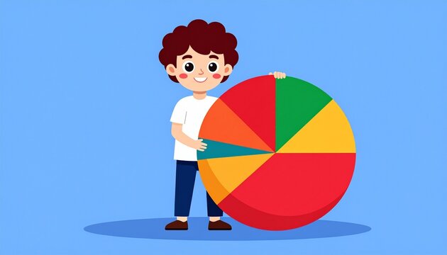 3D cartoon boy character standing beside colorful pie chart, illustration representing business analytics, data visualization and financial statistics concept