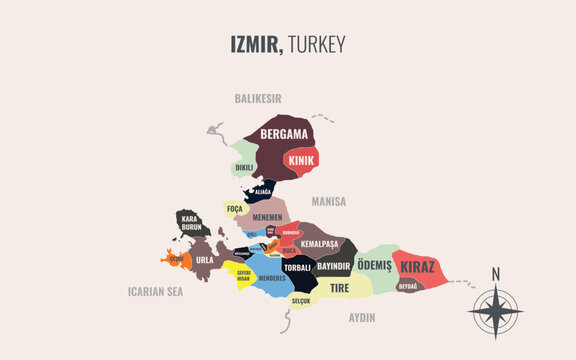 Izmir Turkey Province into District in a minimalist colorful style map showing