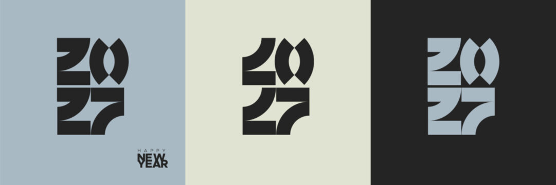 Minimal Geometric 2027 Happy New Year Typography Design with Modern Abstract Number Composition