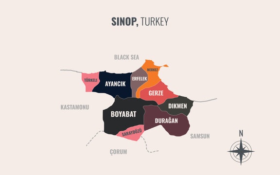 Sinop Turkey Province into District in a minimalist colorful style map showing