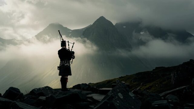 Silhouette of a bagpiper playing on rocky terrain with misty mountains and dramatic cloudy sky