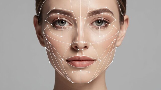 Close up of a woman's face with facial recognition technology mapping lines and points on skin
