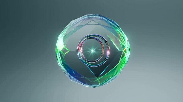 Iridescent Geometric Glass Sphere With Inner Glowing Rings Abstract 3d Render Featuring Futuristic Light Refraction And Modern Design