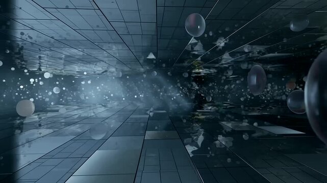 Floating Glass Spheres in Dark Reflective Corridor Abstract 3d Render With Glowing Particles And Futuristic Perspective