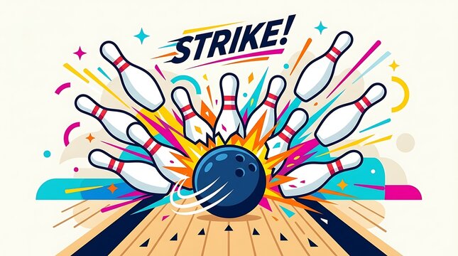 Bowling ball striking pins for a perfect strike. Ten-pin bowling victory with exploding pins and dynamic motion.