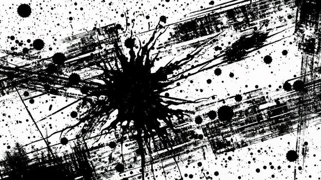 Abstract black ink splatter and grunge texture on white background artistic design