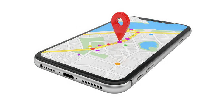 Smartphone showing a map with a red location pin icon on the screen isolated on transparent background