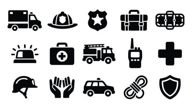 Collection of emergency service icons including ambulance, police, fire truck, first aid, and safety equipment.