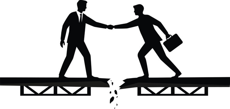 Silhouette of two businessmen shaking hands over a broken bridge, symbolizing a failed partnership or business deal on a white background