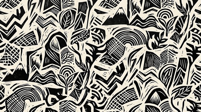 Abstract monochrome linocut pattern with mountains and nature motifs