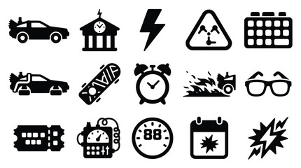 Collection of iconic symbols and objects related to time travel and science fiction themes. © yuanita