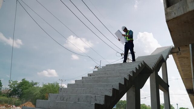 Civil engineer wearing safety gear reviewing construction blueprint while standing on unfinished concrete stairs at an elevated railway infrastructure construction site.

