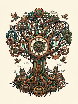 Steampunk mechanical tree with clock face gears and steam train