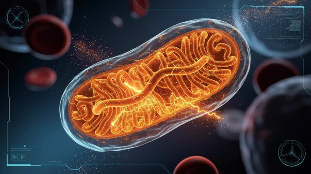 Detailed 3D illustration of a glowing mitochondrion with energy flow inside a human cell environment