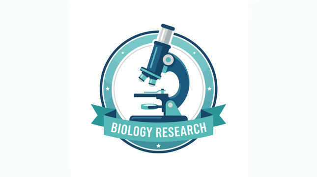Biology research circular logo featuring a microscope inside a teal frame with a ribbon banner for scientific education and laboratory branding