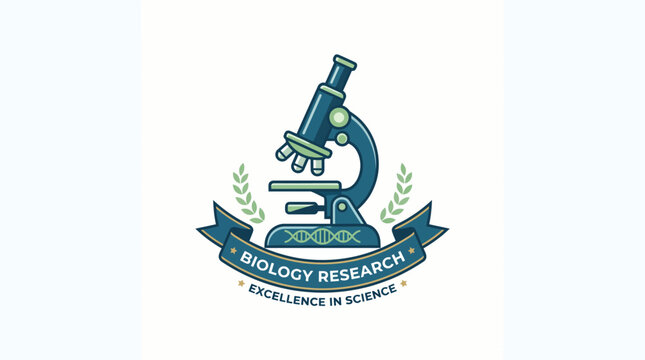 Modern biology research crest featuring teal microscope DNA helix and laurel leaves symbolizing scientific excellence in laboratory study