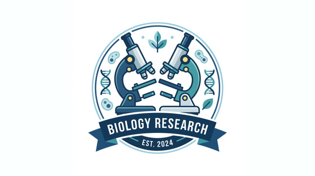 Professional biology research logo featuring two microscopes and DNA strands in a clean circular flat vector design style for laboratory