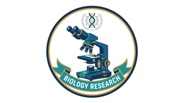 Professional biology research emblem featuring teal microscope and DNA helix symbol inside circular frame with academic banner on white background