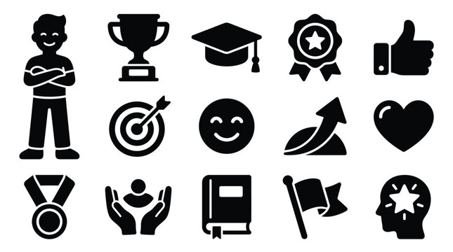 Collection of icons representing success, achievement, and positive attributes like teamwork and learning.