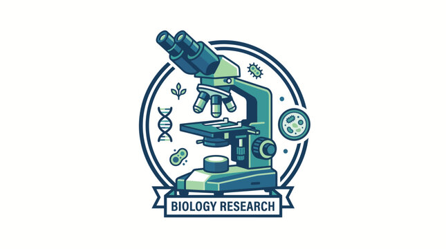 Modern flat vector illustration of a biology research badge with a microscope DNA helix and microbes in clean teal and navy tones