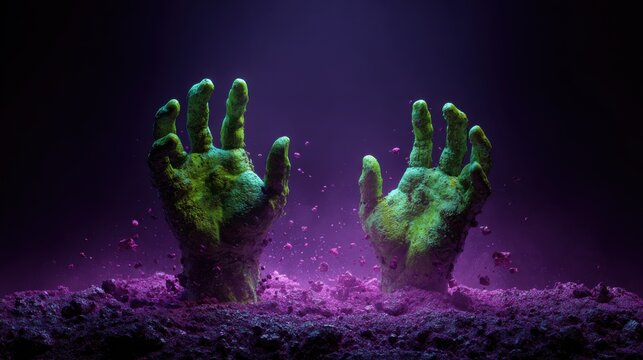 Zombie hands emerging from purple and green ground on dark spooky background.