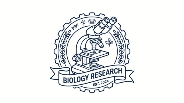 Professional biology research emblem with microscope DNA strand and gear icon for scientific lab or medical branding