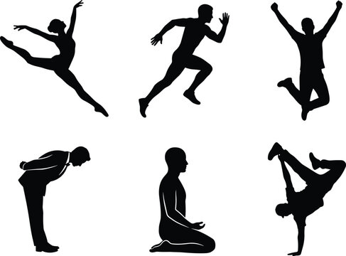 Title: People Silhouettes Set in Various Action Poses, Dancing Running Jumping Meditating and Breakdancing Vector Illustration