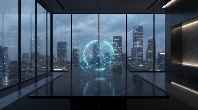Futuristic holographic globe interface floating in modern office