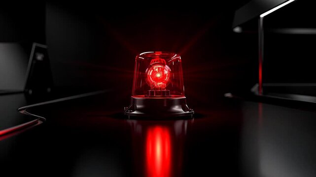 Red emergency warning light glowing on dark surface with reflections and dramatic lighting