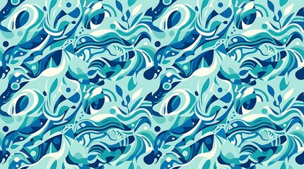 Seamless abstract pattern of blue ocean waves and fluid shapes