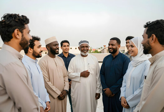 Group of diverse people celebrating Eid al-Adha outdoors