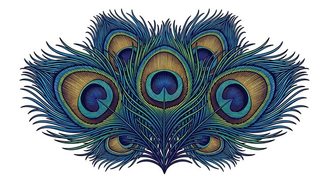 Ornate peacock feathers arranged in a decorative fan shape