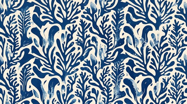 Seamless indigo blue coral and seaweed botanical pattern