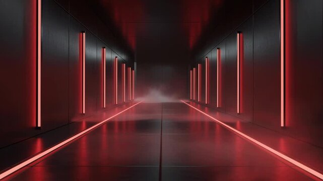 Futuristic dark hallway with red neon lights and fog creating a sci fi atmosphere