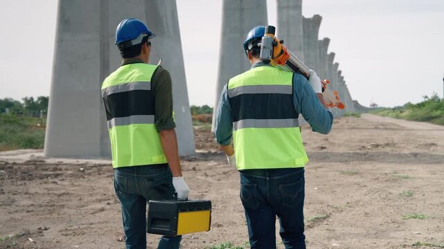 Two construction engineers walking through an infrastructure construction site carrying surveying equipment and field toolbox for engineering inspection and site measurement.
