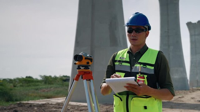 Survey engineer writing measurement records beside a leveling instrument during inspection of an elevated railway construction project.
