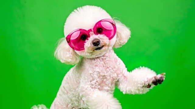 Cute white poodle dog wearing stylish pink sunglasses on bright green background