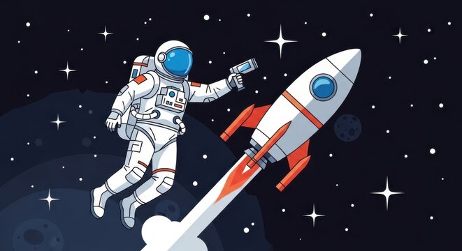 Astronaut floating near a rocket in outer space.