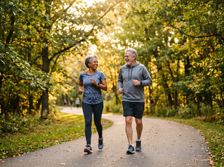 Obraz premium Cheerful senior man and woman exercising together for healthy aging concept